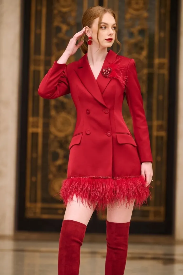 Dresses | Mini Dresses<CULT MIA ROSA TAFFETA FEATHER BLAZER DRESS Red
