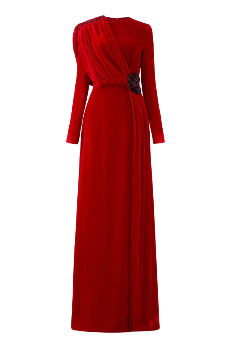Dresses | Gowns<CULT MIA RED ROUND NECKLINE DRAPED VELVET GOWN WITH BLACK LACE Bordeaux