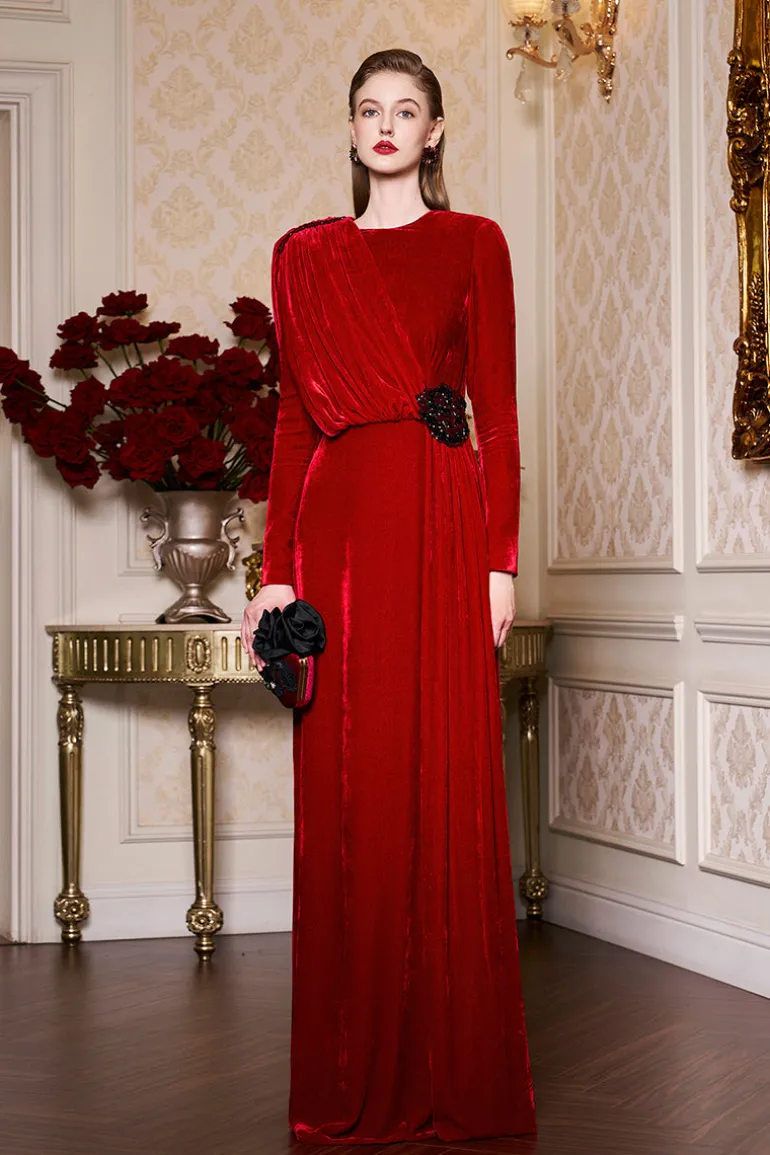 Dresses | Gowns<CULT MIA RED ROUND NECKLINE DRAPED VELVET GOWN WITH BLACK LACE Bordeaux