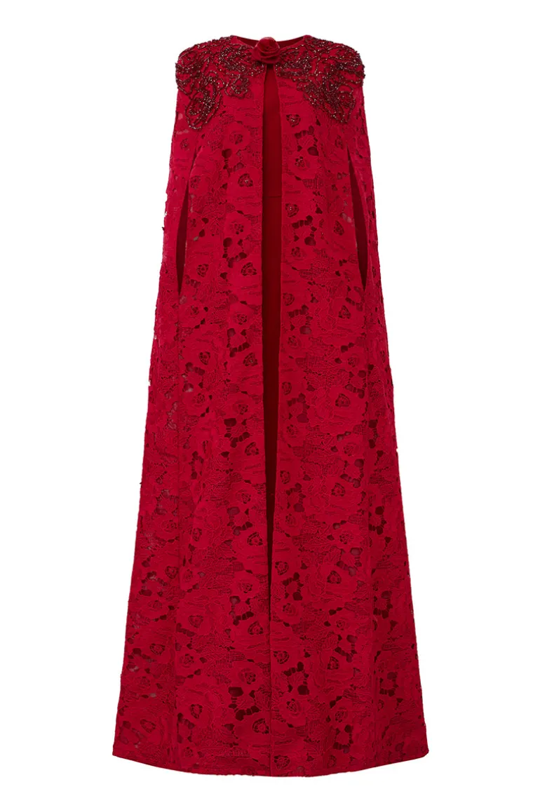Dresses | Gowns<CULT MIA RED ROUND NECKLINE SLEEVELESS GOWN WITH LONG LACE CAPE Bordeaux