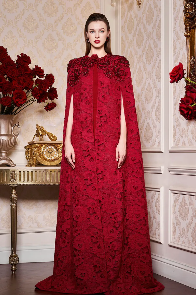Dresses | Gowns<CULT MIA RED ROUND NECKLINE SLEEVELESS GOWN WITH LONG LACE CAPE Bordeaux