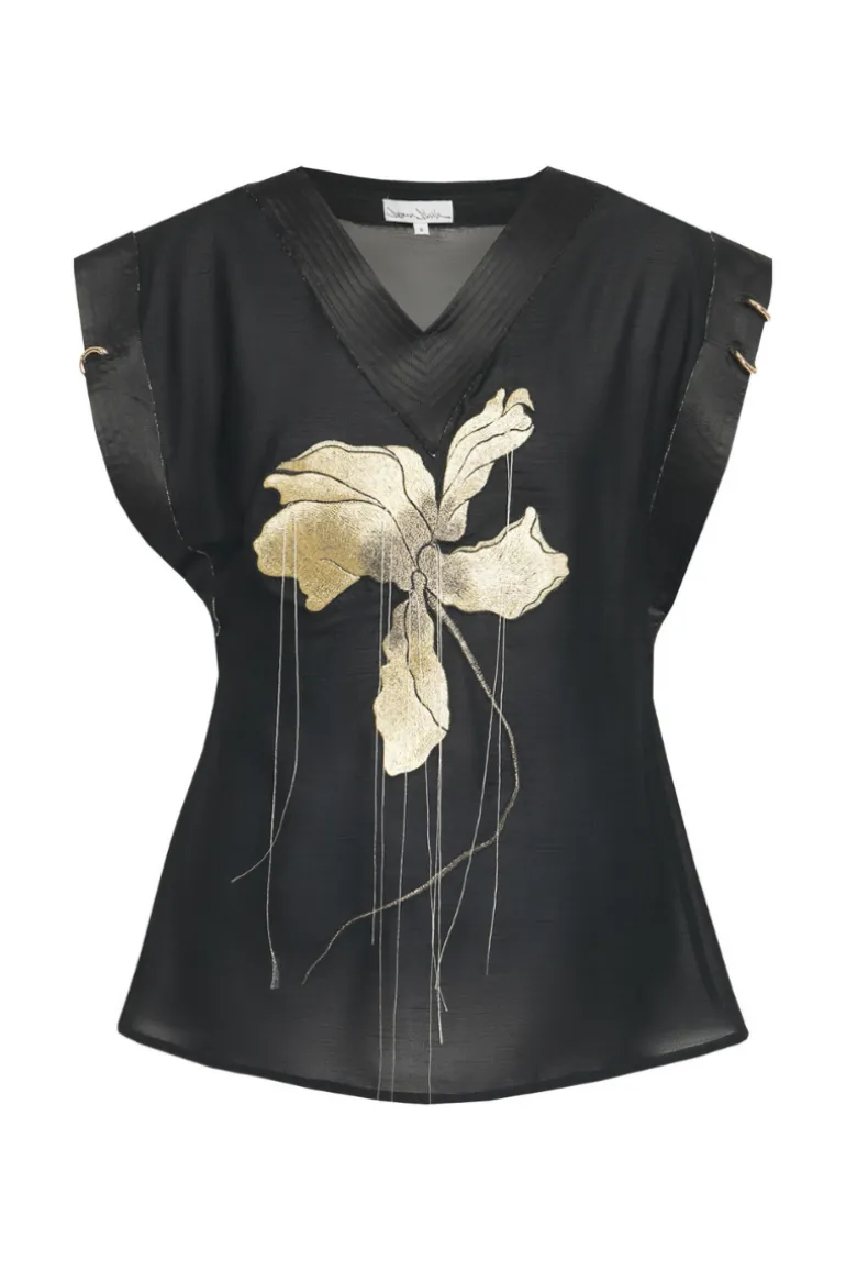 Tops<CULT MIA RELAXED EMBROIDERED TOP Black & Gold