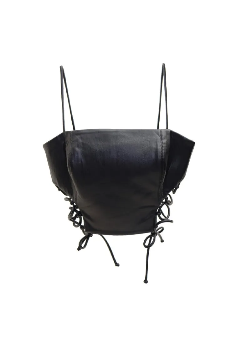 Tops<CULT MIA RIBBONED FAUX LEATHER CROP TOP Black