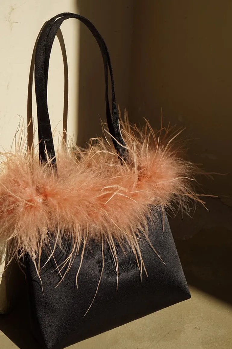 Top Handle Bags<CULT MIA GLAM SILK HANDBAG WITH FEATHERS Rich Black