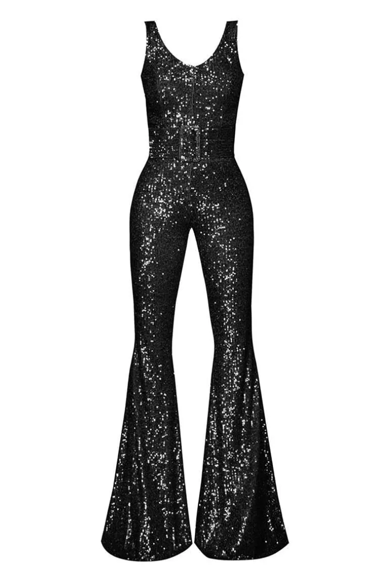 Jumpsuits<CULT MIA RIKA SEQUIN FLARE JUMPSUIT Black