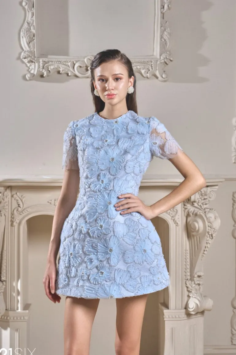 Dresses | Mini Dresses<CULT MIA ROSALINE CRYSTAL LACE FLORAL DRESS Light Blue