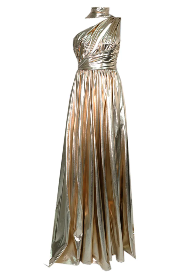Dresses | Gowns<CULT MIA METALLIC DRAPED ASYMMETRIC GOWN Rose gold