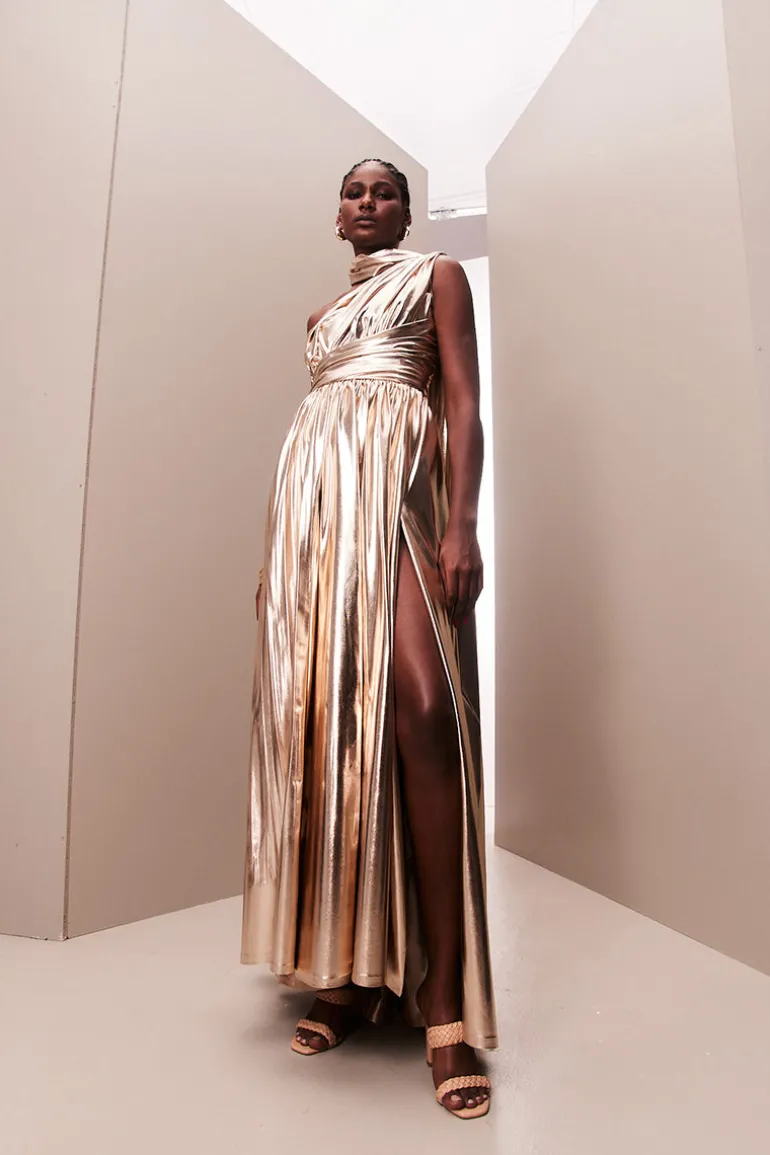 Dresses | Gowns<CULT MIA METALLIC DRAPED ASYMMETRIC GOWN Rose gold
