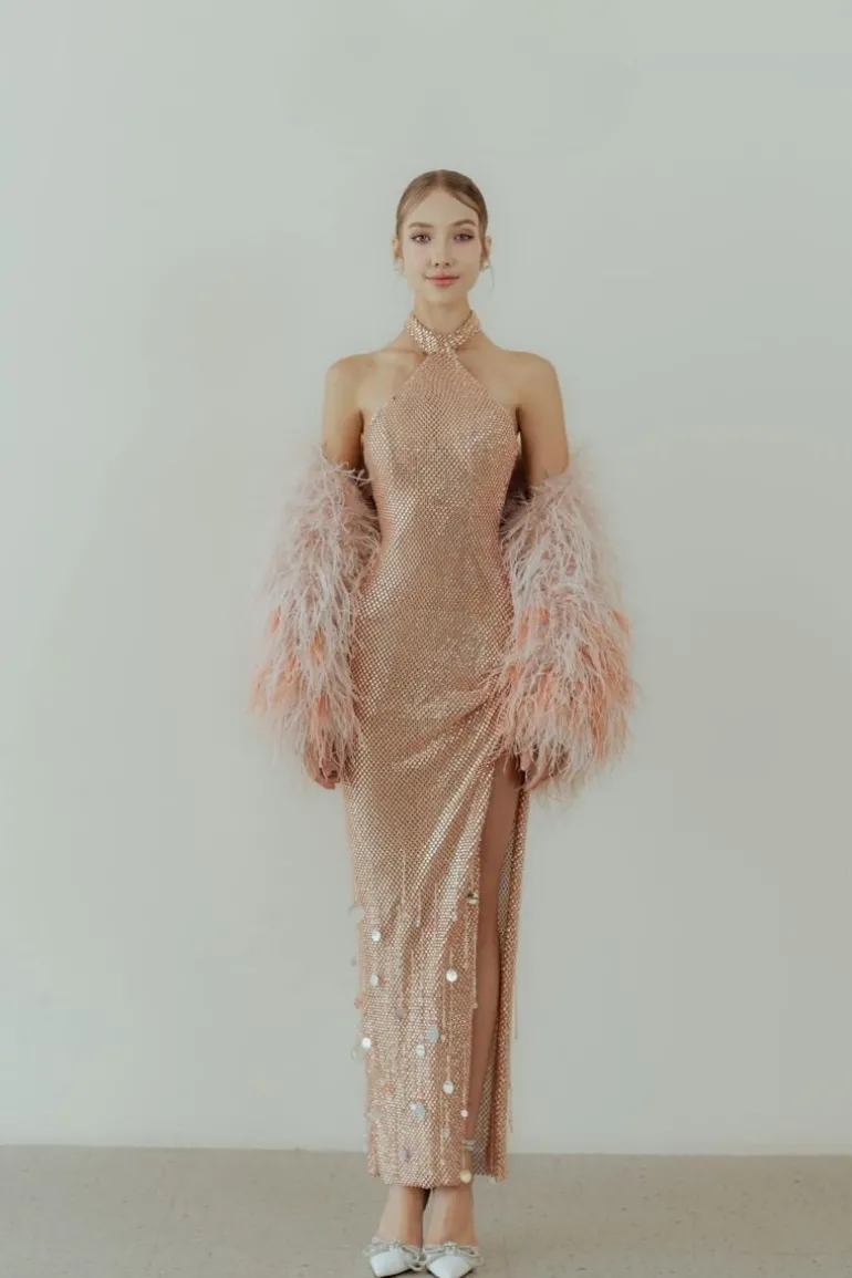 Dresses<CULT MIA SPARKY HALTERNECK MAXI DRESS Rose Gold