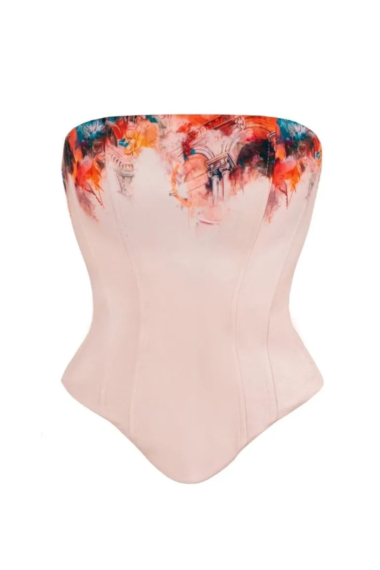 Tops<CULT MIA ROSE PRINTED SATIN ARCH CORSET TOP Light Pink