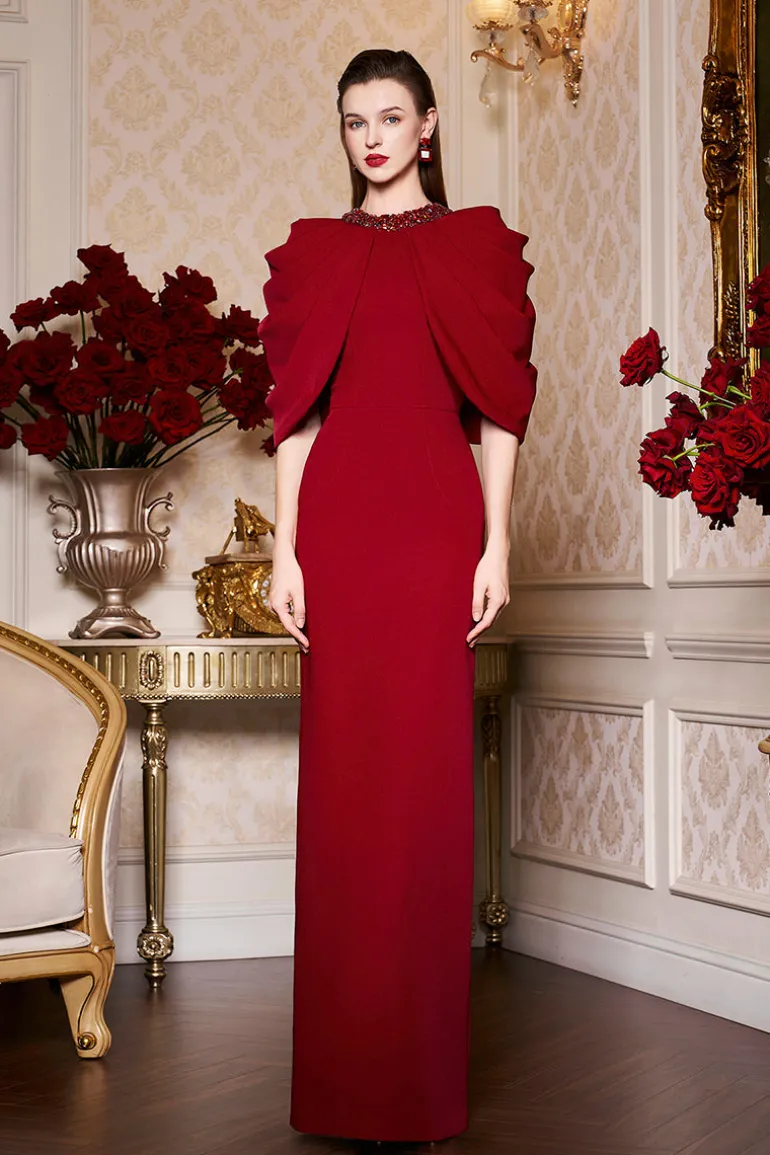 Dresses | Gowns<CULT MIA ROUND NECKLINE COLUMN GOWN WITH DRAPED CAPE Bordeaux