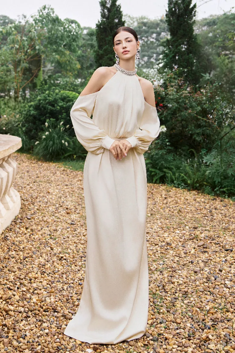 Dresses | Gowns<CULT MIA ROUND NECKLINE GOWN WITH DRAPED WAIST DETAIL Meringue