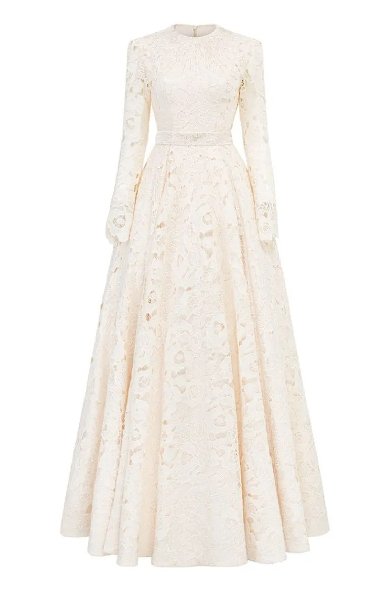 Dresses | Gowns<CULT MIA ROUND NECKLINE SEMI-CIRCULAR GOWN WITH REMOVABLE BELT Cream