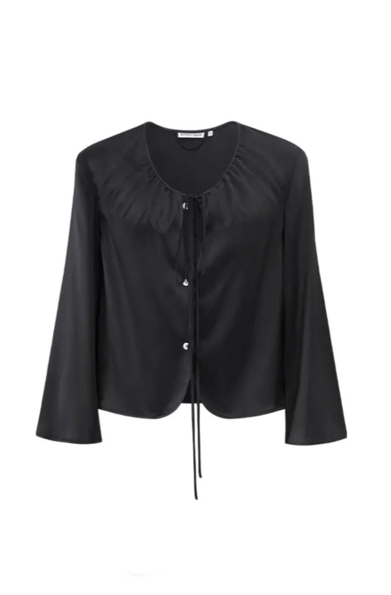 Tops<CULT MIA ROUND-NECK DRAWSTRING SILK LONG-SLEEVE SHIRT IN BLACK Rich Black