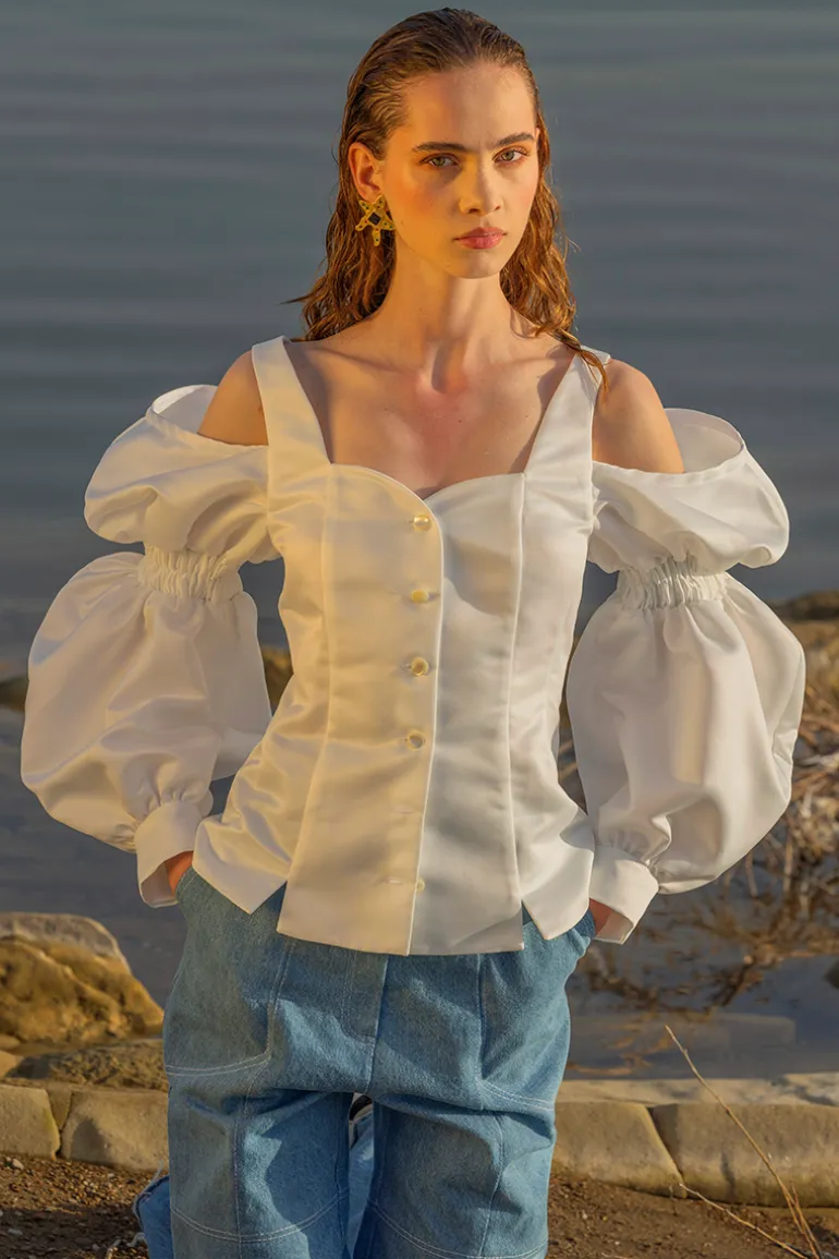 Tops<CULT MIA RUFFLE SLEEVES SHIRT White