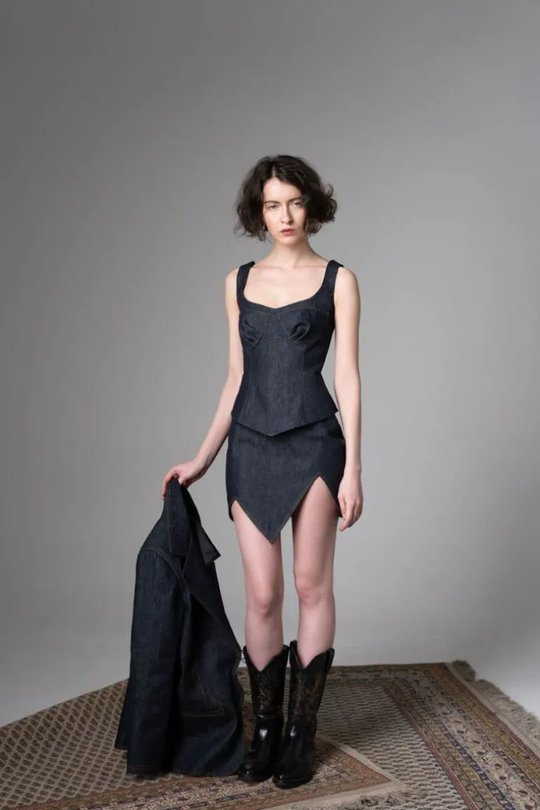 Tops<CULT MIA 2000S BROWN SEAMs DENIM CORSET Navy