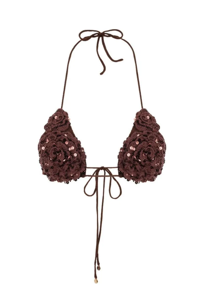 Tops<CULT MIA SEQUIN HAND-CROCHET FLOWER BRA TOP Espresso