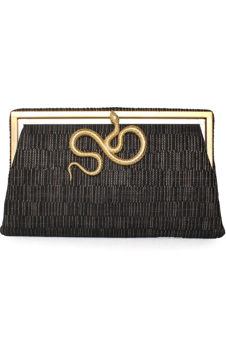 Clutch Bags<CULT MIA SERPENT ON BLACK WEAVE GRACE CLUTCH Black & Gold