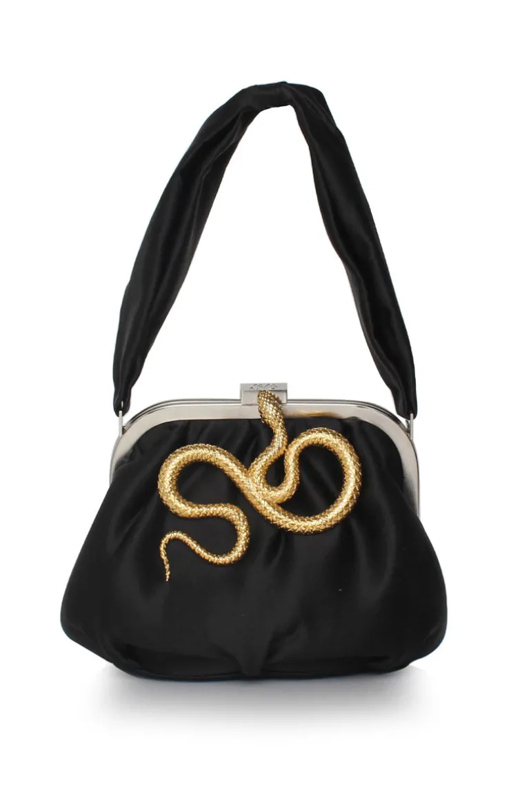Shoulder Bags<CULT MIA SERPENT ON SATIN BELLA BLACK HANDBAG Black & Gold