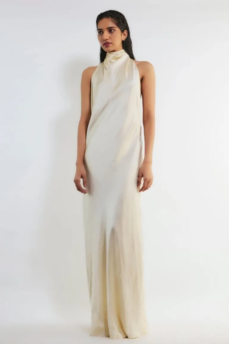 Dresses | Gowns<CULT MIA SHANNYN HIGH-NECK SATIN GOWN Off White