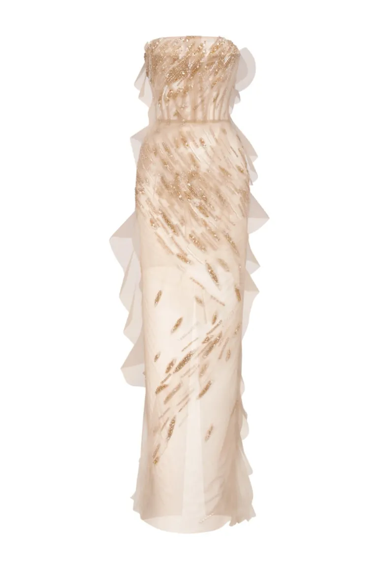 Dresses<CULT MIA SHEER SILK DRESS WITH EMBROIDERED Nude