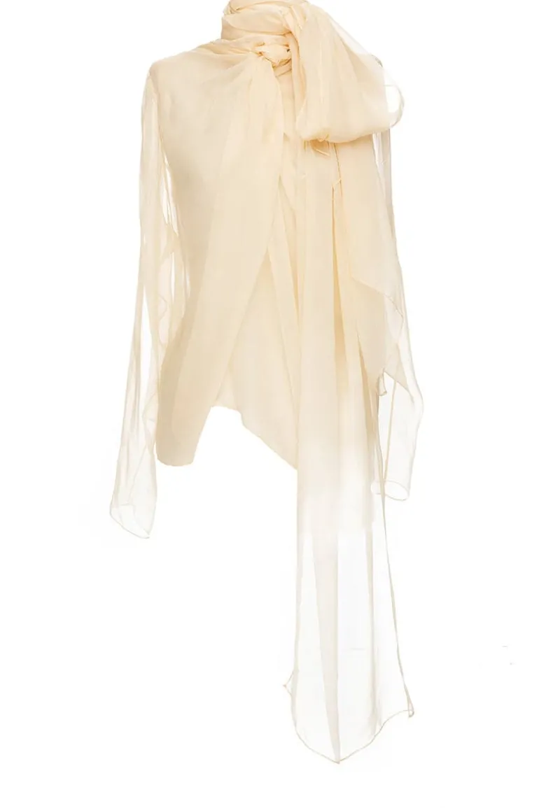 Tops<CULT MIA SHEER PUSSY BOW SHIRT White