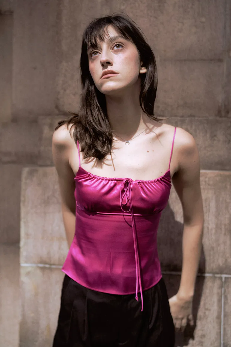 Tops<CULT MIA SILK DRAWSTRING CAMISOLE TOP IN Hot Pink
