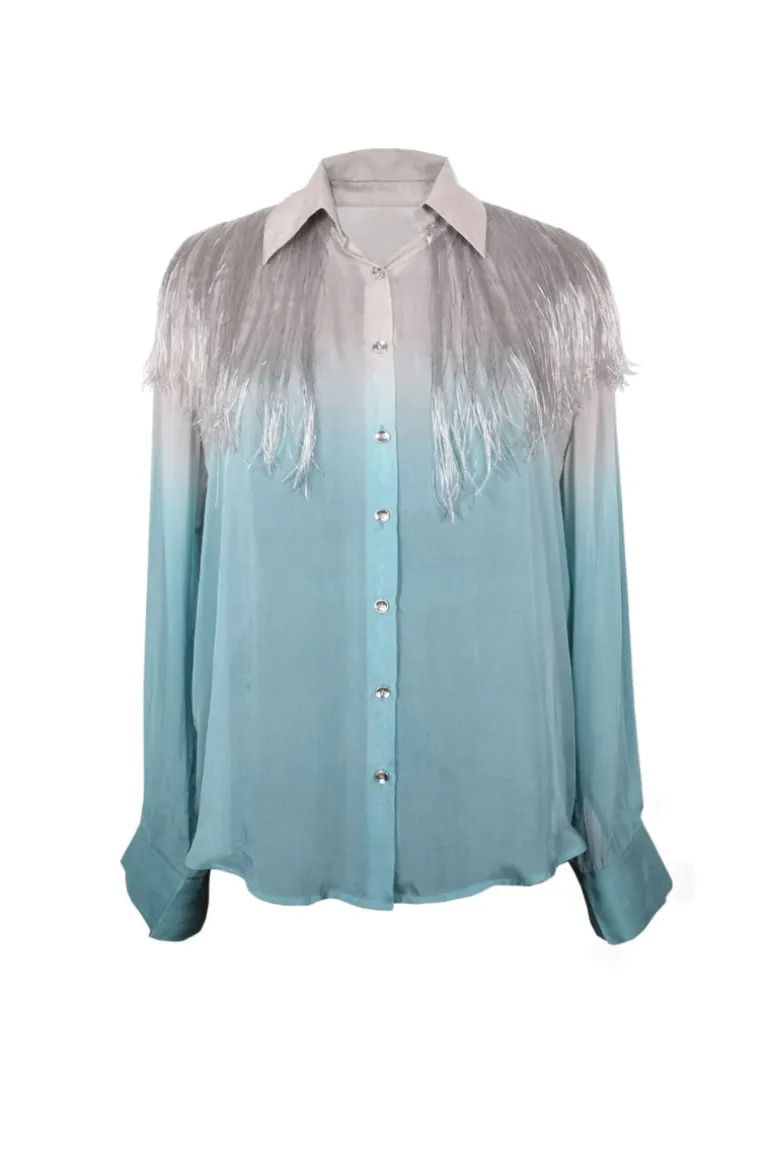 Tops<CULT MIA SILK FRINGE-DETAILED GRADIENT BLOUSE Gray-Turquoise