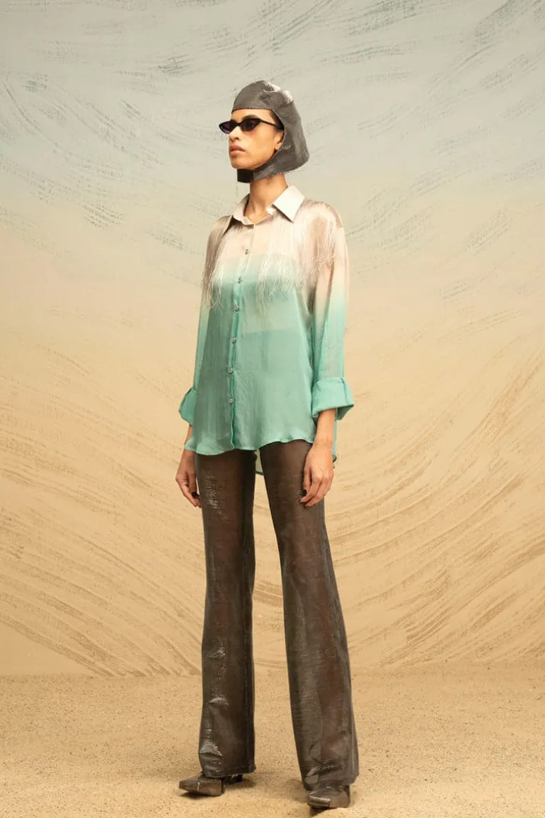 Tops<CULT MIA SILK FRINGE-DETAILED GRADIENT BLOUSE Gray-Turquoise