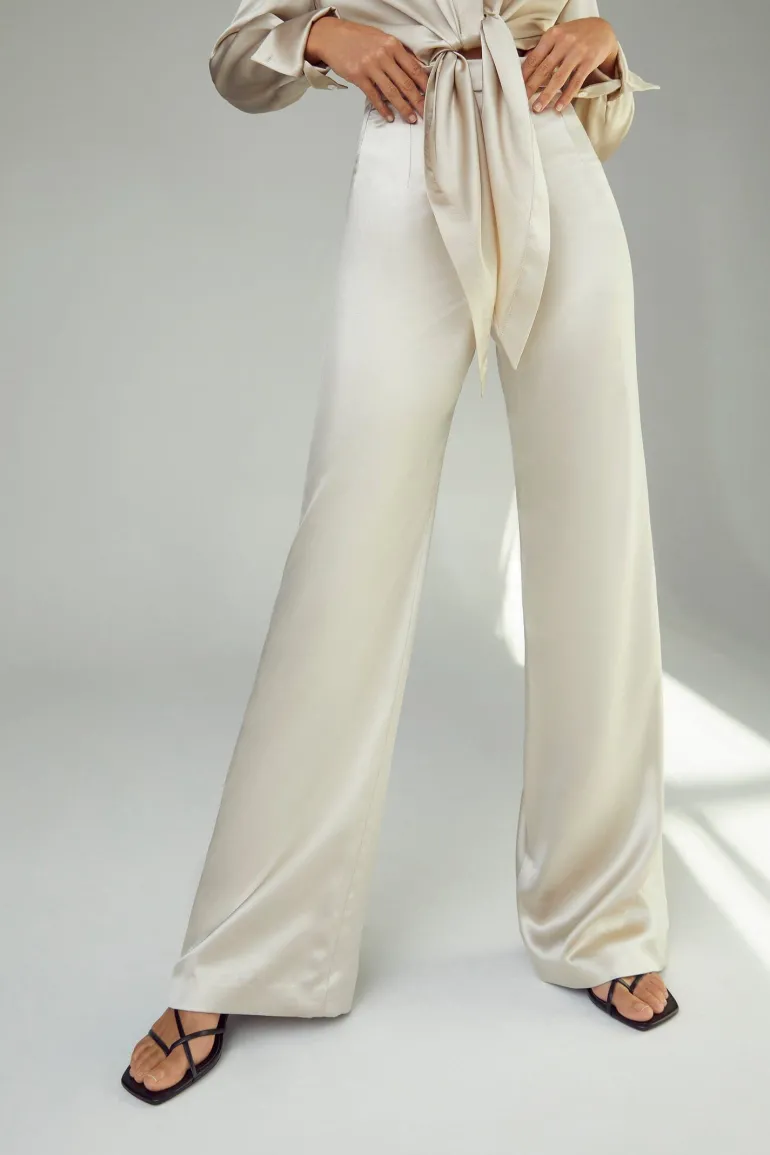 Pants<CULT MIA SILK HIGH-RISE WIDE LEG PANTS Oyster