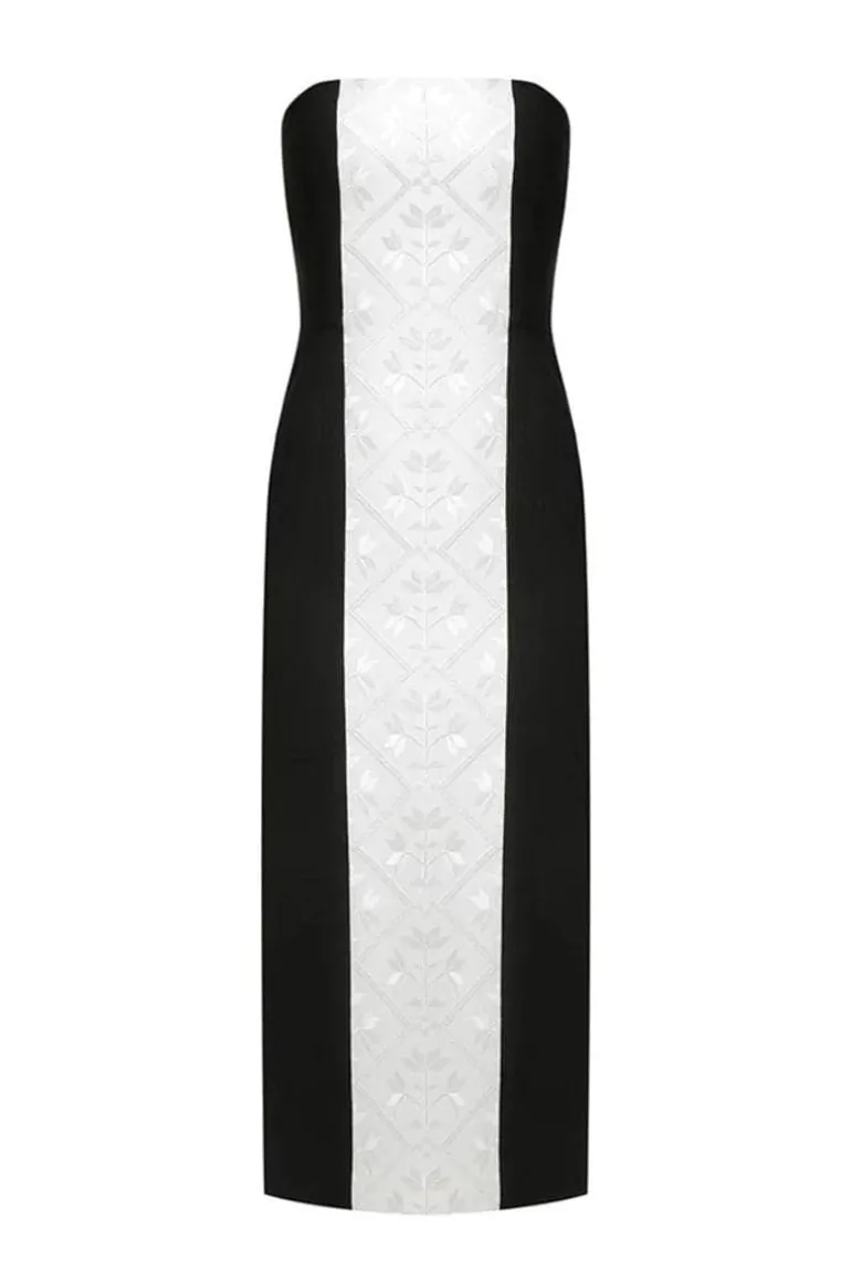 Dresses<CULT MIA SILK MAXI DRESS WITH EMBROIDERY Black/White