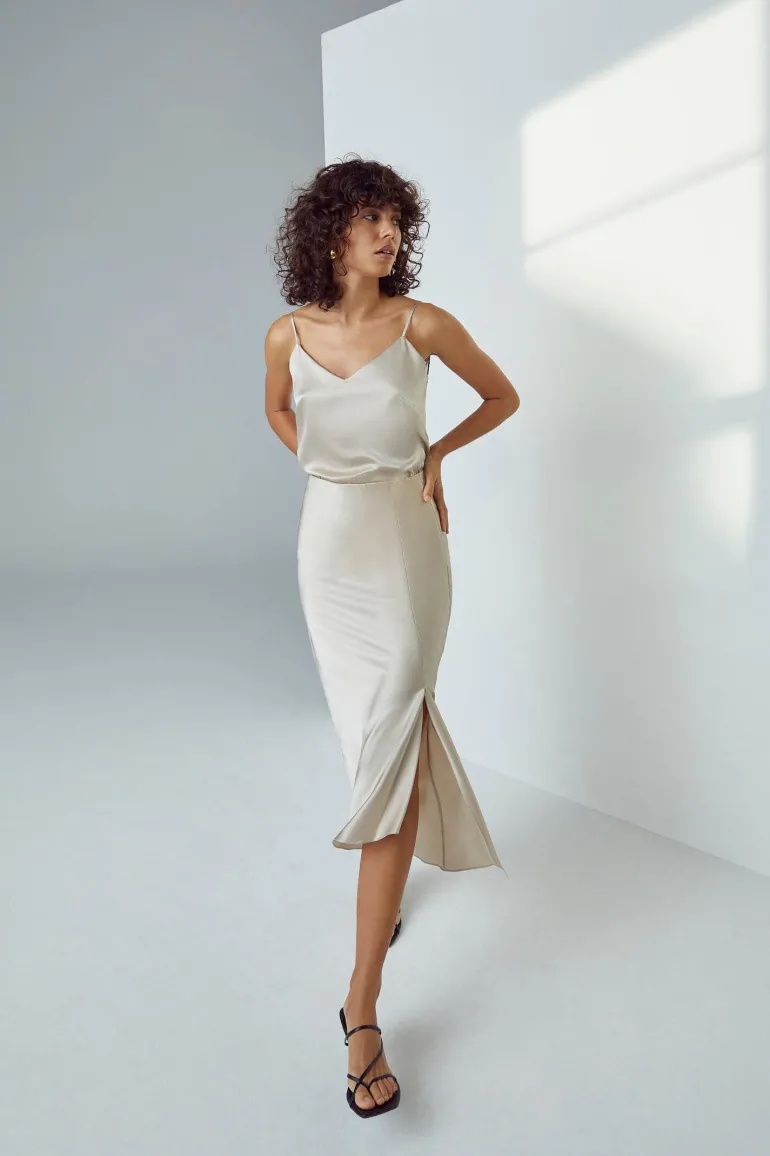 Skirts<CULT MIA SILK MIDI SKIRT Oyster