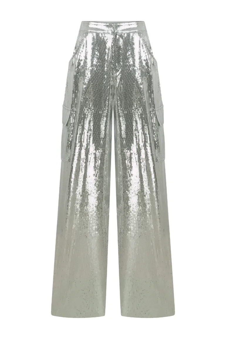 Pants<CULT MIA SEQUIN LOW RISE CARGO PANTS Silver