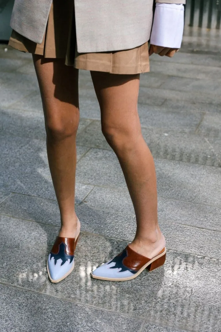Heels<CULT MIA SLINGBACK LEATHER COWBOY SHOES Brown & Light Blue
