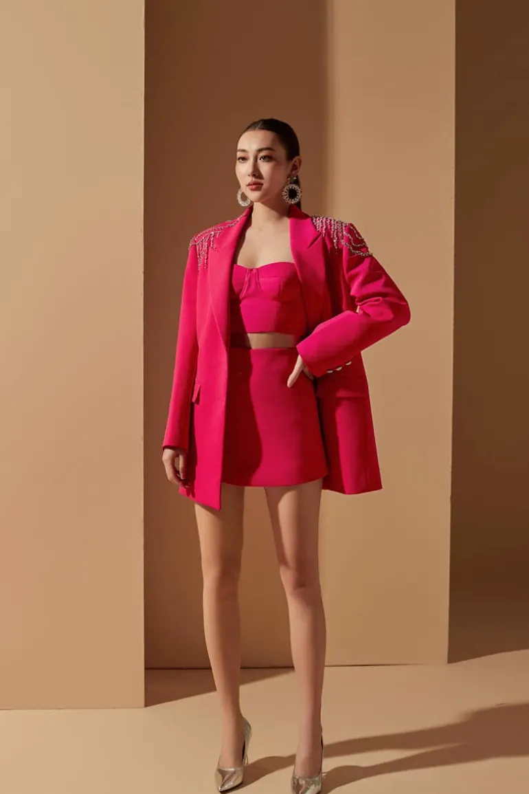 Outfit Sets<CULT MIA STEPHANIE TEXTURE STRAIGHT CRYSTAL BLAZER SET Pink