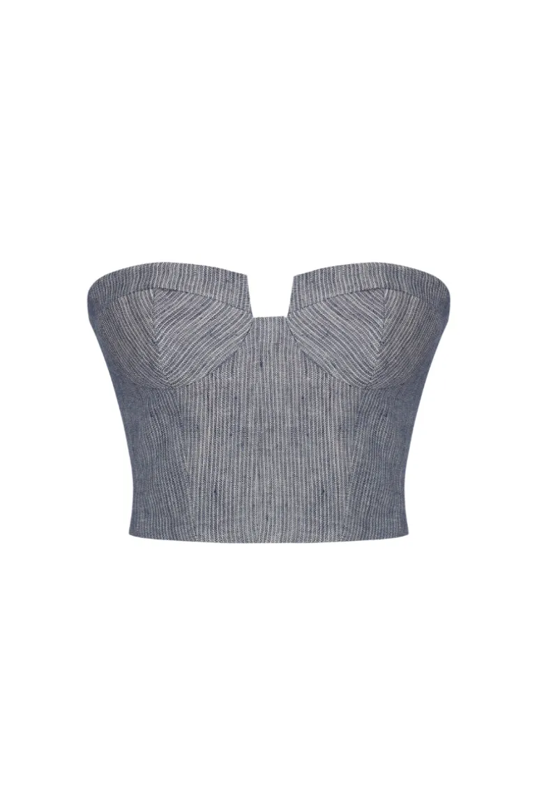 Tops<CULT MIA STORM NAVY STRIPED LINEN-BLEND BUSTIER TOP Blue