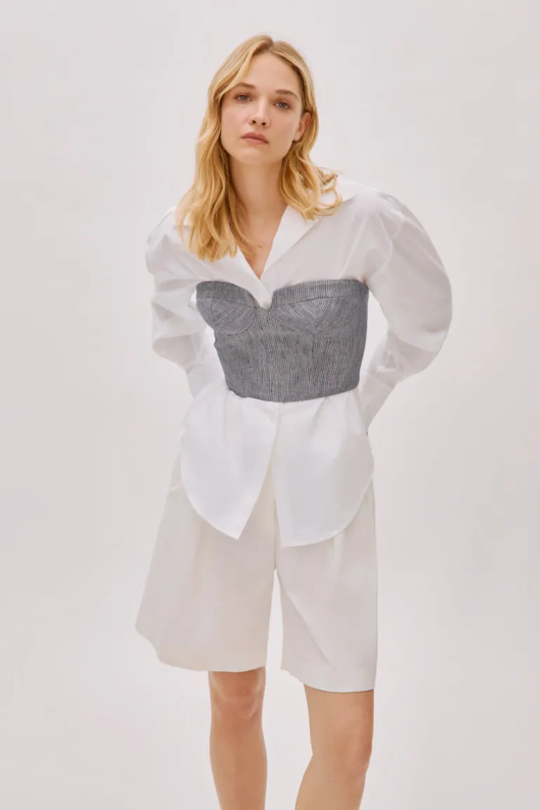 Tops<CULT MIA STORM NAVY STRIPED LINEN-BLEND BUSTIER TOP Blue