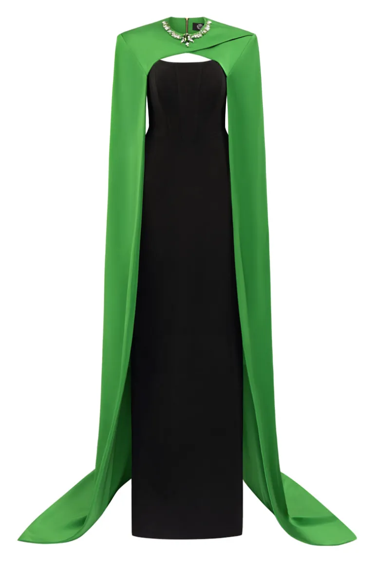 Dresses | Gowns<CULT MIA STRAPLESS COLUMN EVENING GOWN WITH GREEN CAPE Black & Green
