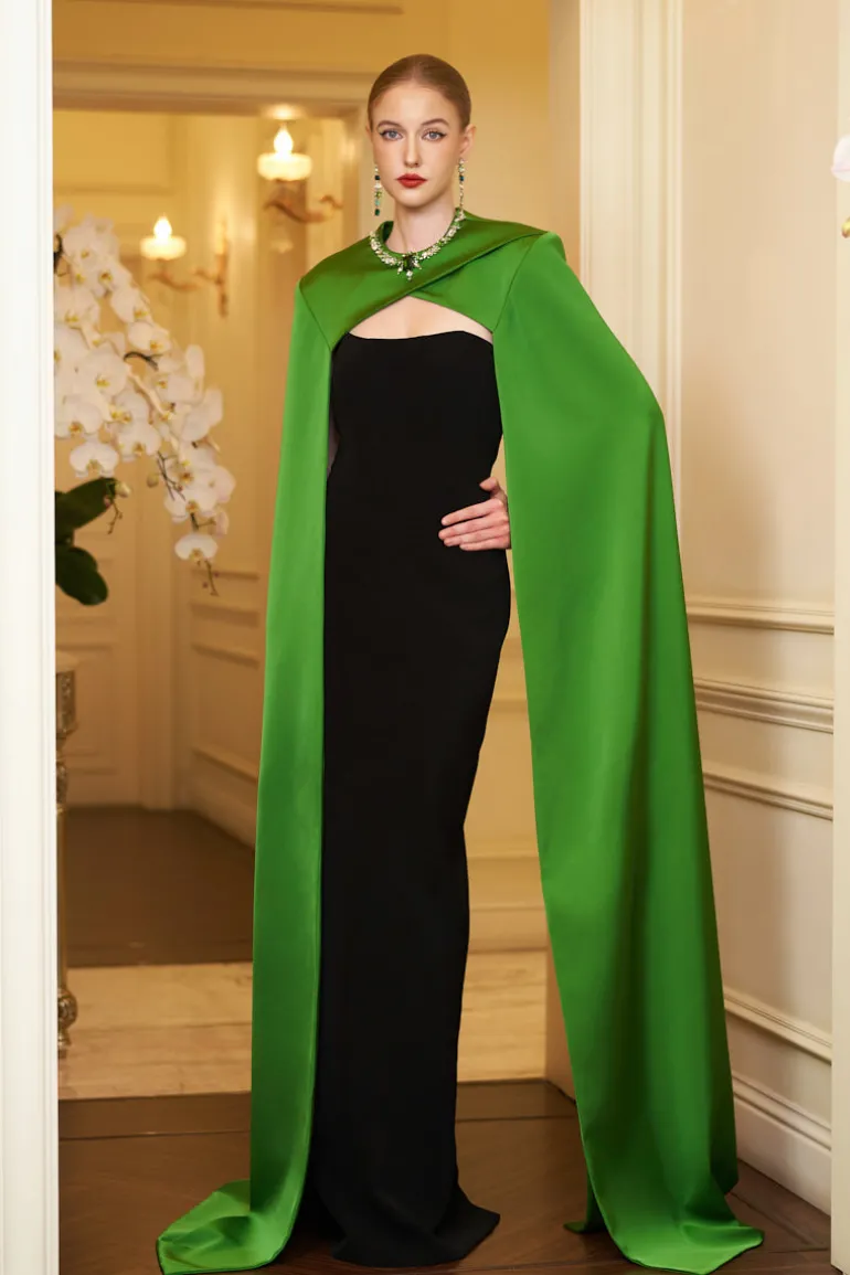Dresses | Gowns<CULT MIA STRAPLESS COLUMN EVENING GOWN WITH GREEN CAPE Black & Green