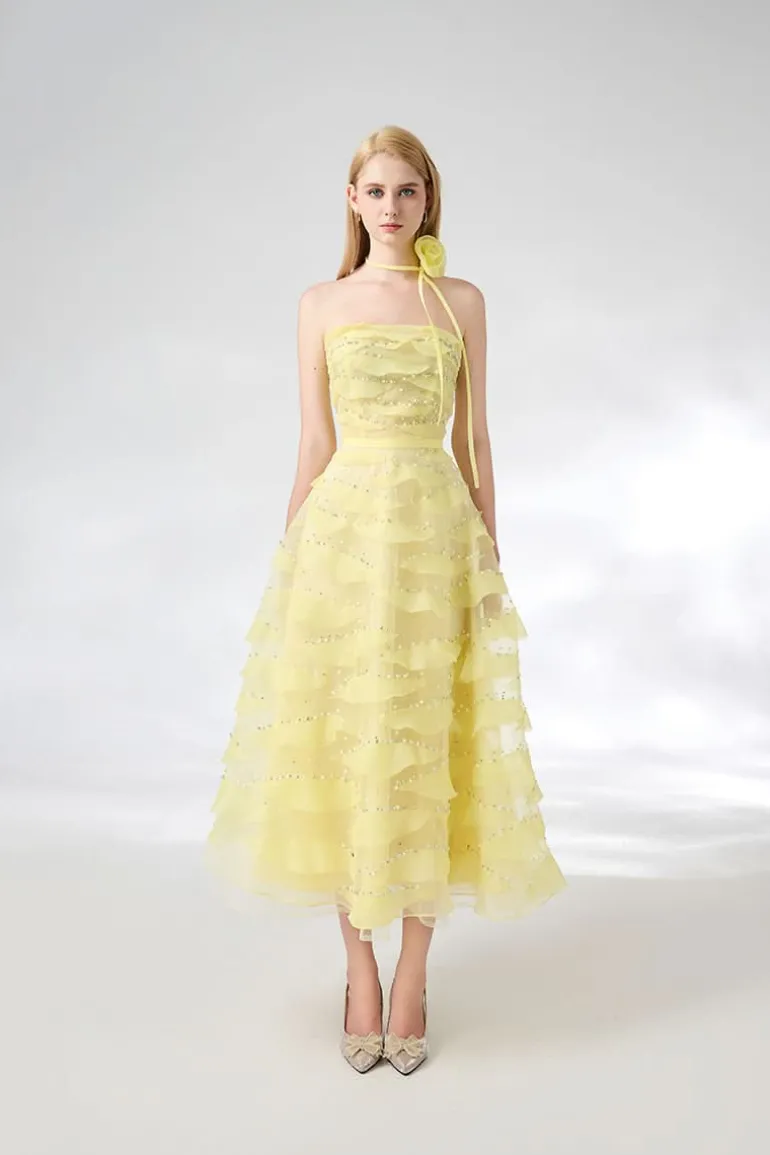 Dresses | Midi Dresses<CULT MIA STRAPLESS LIGHT MIDI DRESS WITH FLOWER NECKLACE Yellow