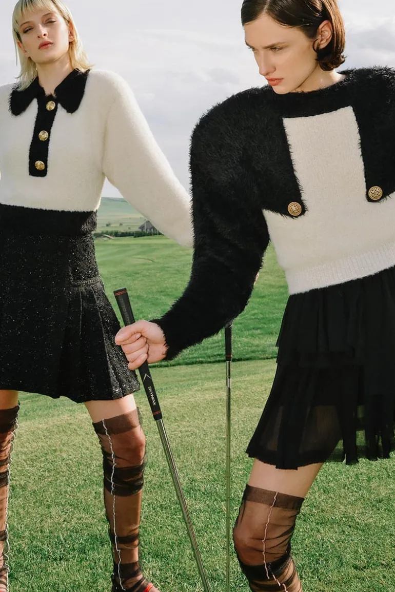 Knitwear<CULT MIA STRUCTURED SHOULDER BLACK AND WHITE SWEATER Black & White