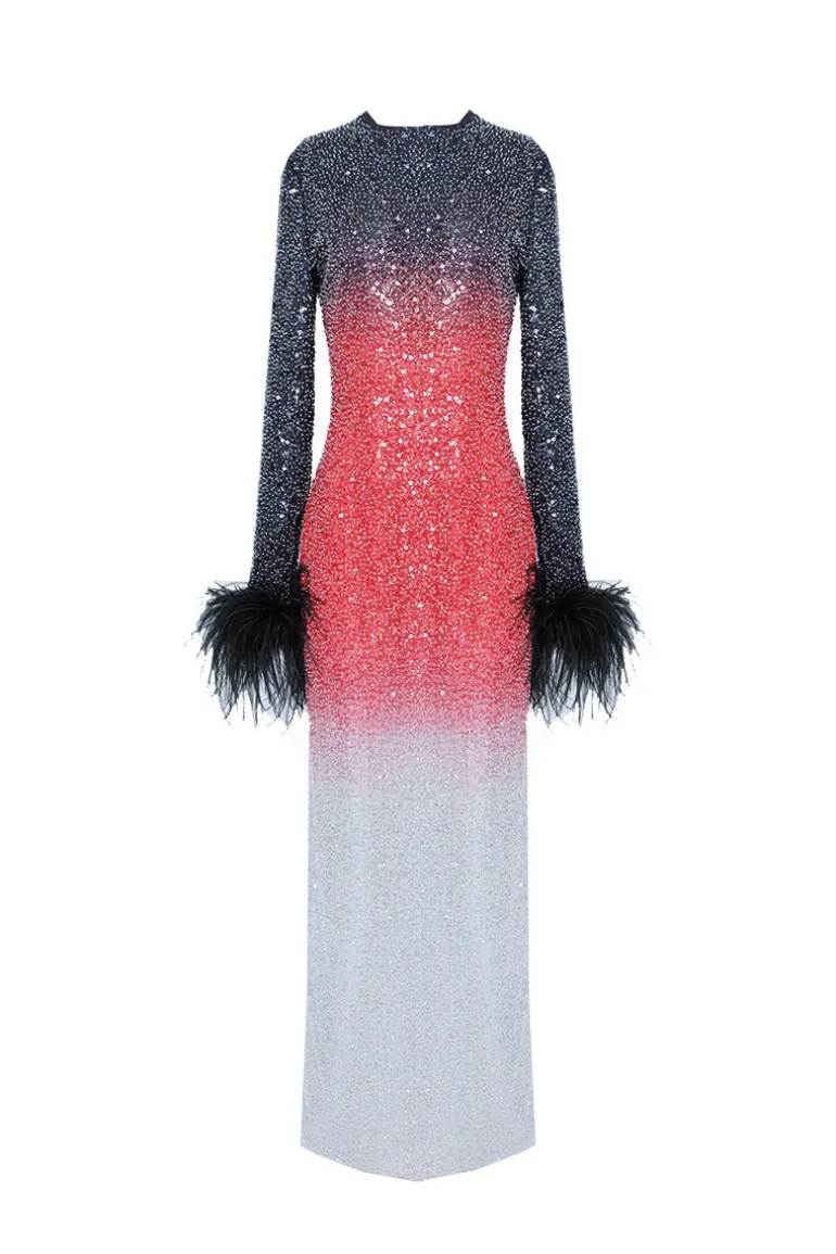 Dresses<CULT MIA STUNNING OMBRÉ FULL-LENGTH GOWN WITH FEATHERED SLEEVES Ombre