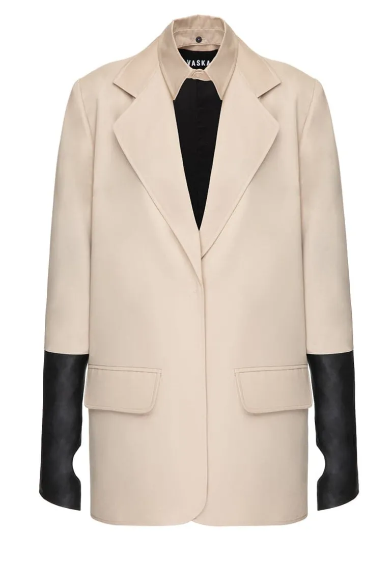 Jackets<CULT MIA STURCTURED BEIGE JACKET WITH LEATHER GLOVES SLEEVES Black & Neutral