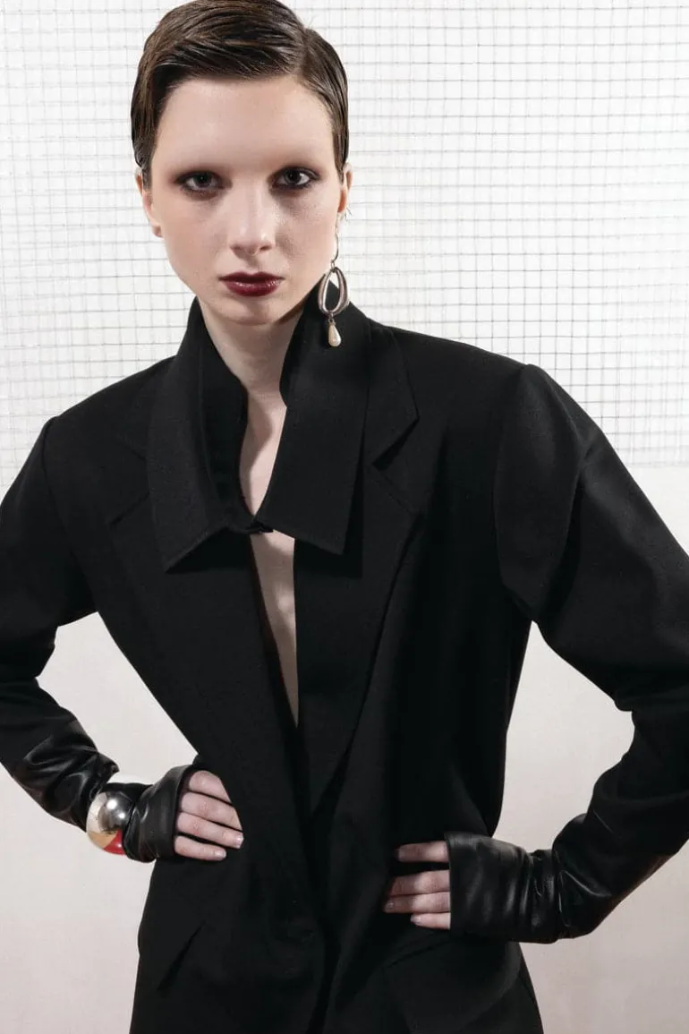 Jackets<CULT MIA STURCTURED JACKET WITH LEATHER GLOVES SLEEVES Black