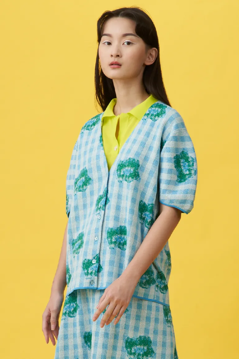 Tops<CULT MIA SUMMER FLORAL DAISY LINEN-LIKE COTTON KNIT TOP Blue