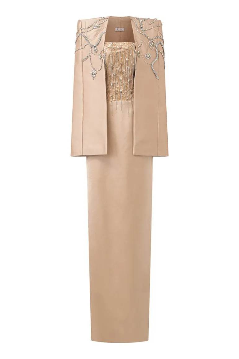 Dresses<CULT MIA TERESA SILK SATIN CRYSTAL DRESS Beige