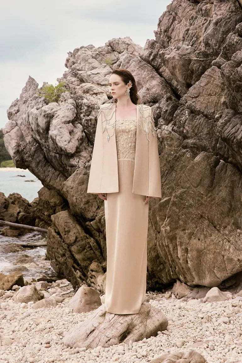 Dresses<CULT MIA TERESA SILK SATIN CRYSTAL DRESS Beige