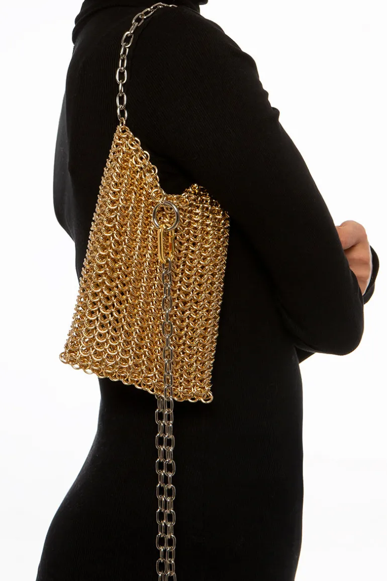 Shoulder Bags<CULT MIA THE GOLD SACHEL BAG Gold and Silver Handles