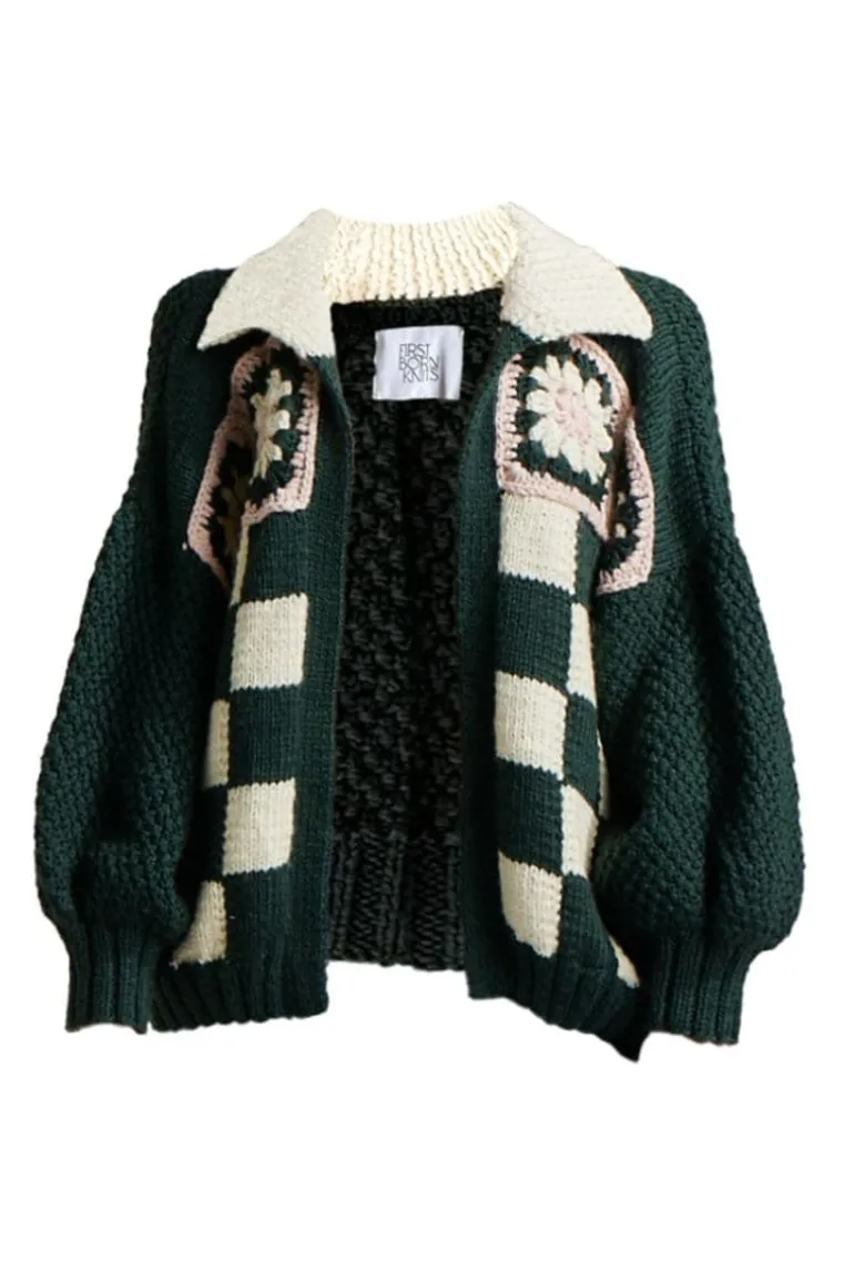 Knitwear<CULT MIA THE JANE BOBMER CARDIGAN Forest Green with pink and off white.