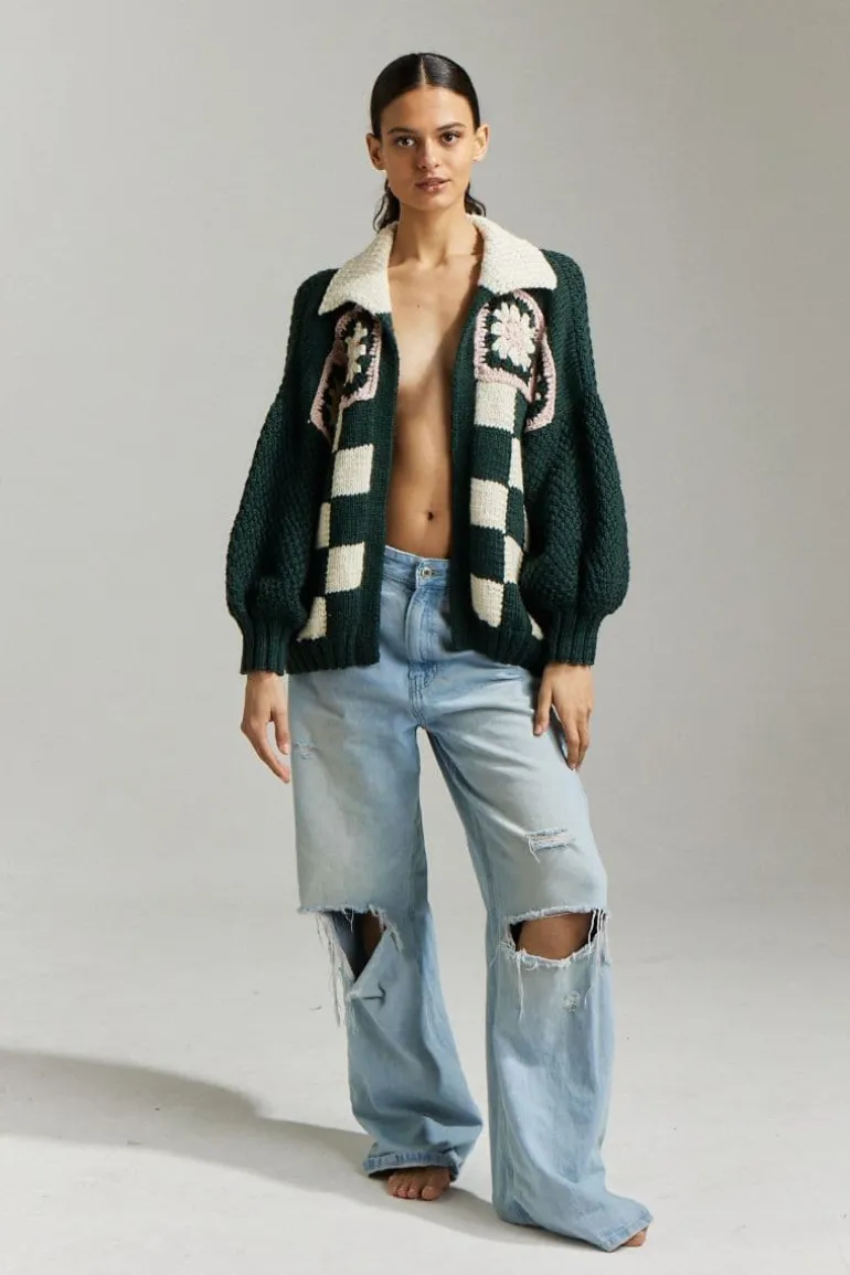 Knitwear<CULT MIA THE JANE BOBMER CARDIGAN Forest Green with pink and off white.